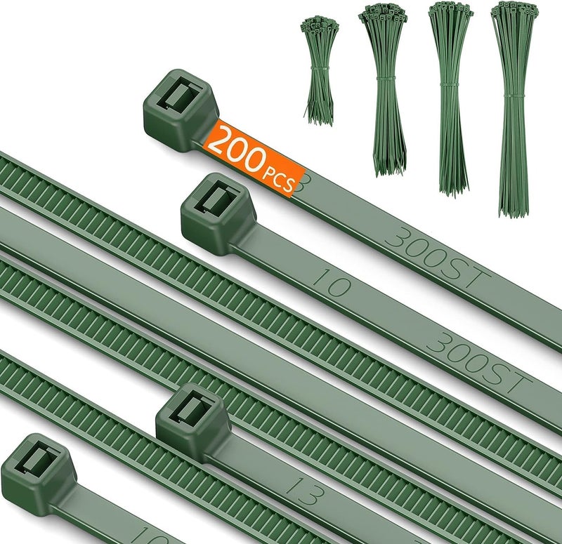 Idemeet PA66 Green Zip Ties, 200pcs 12+10+8+4 Inch with 22-55lb Strength, Premium Heavy Duty Self-locking Nylon Cable Ties, Decoration Tie Wraps for Christmas Tree Holiday Lights Gardening Plants Grid Wall - Image 1